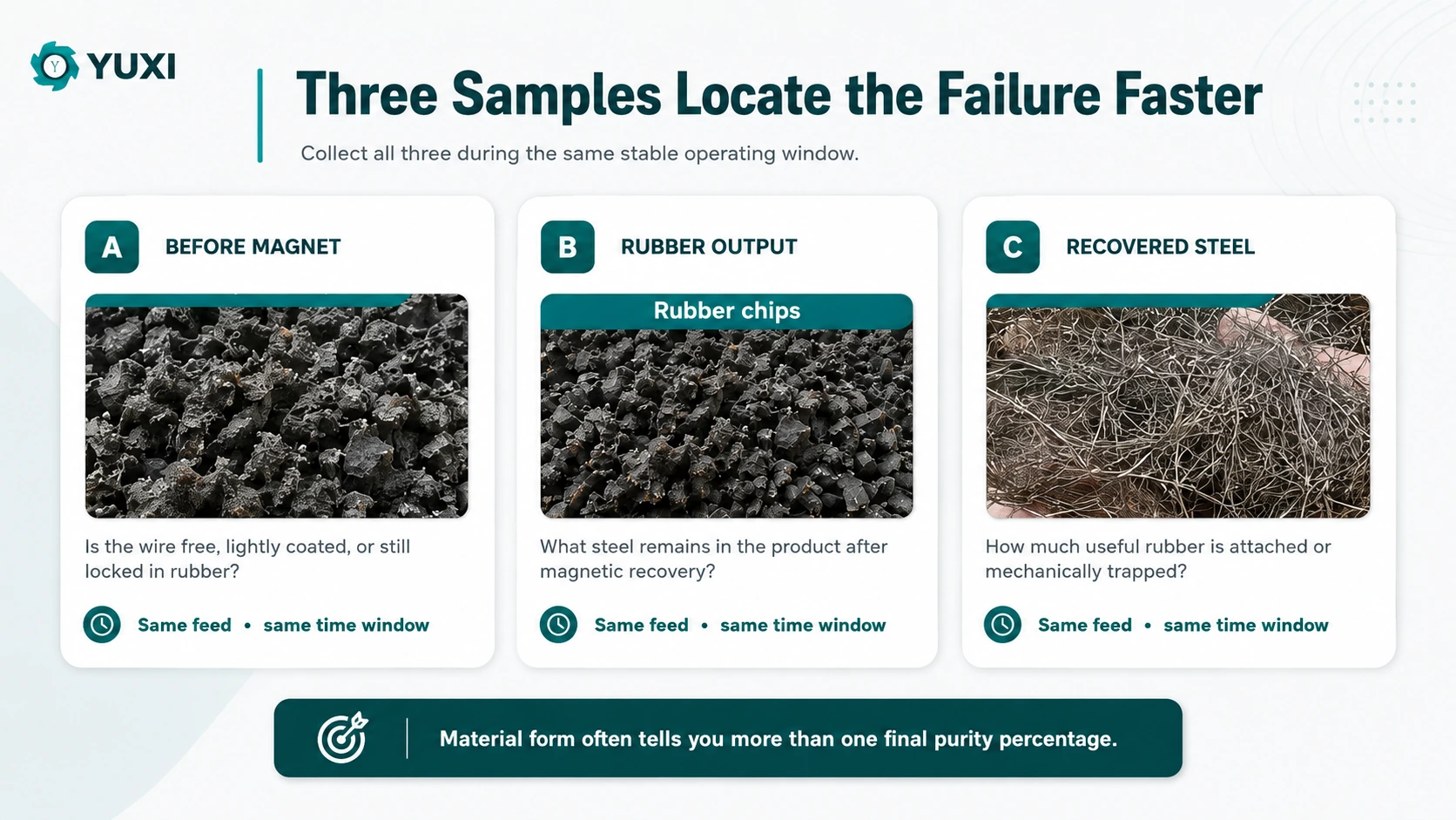 Three-sample diagnosis for tire recycling magnetic separation using material before the magnet, rubber output and recovered steel