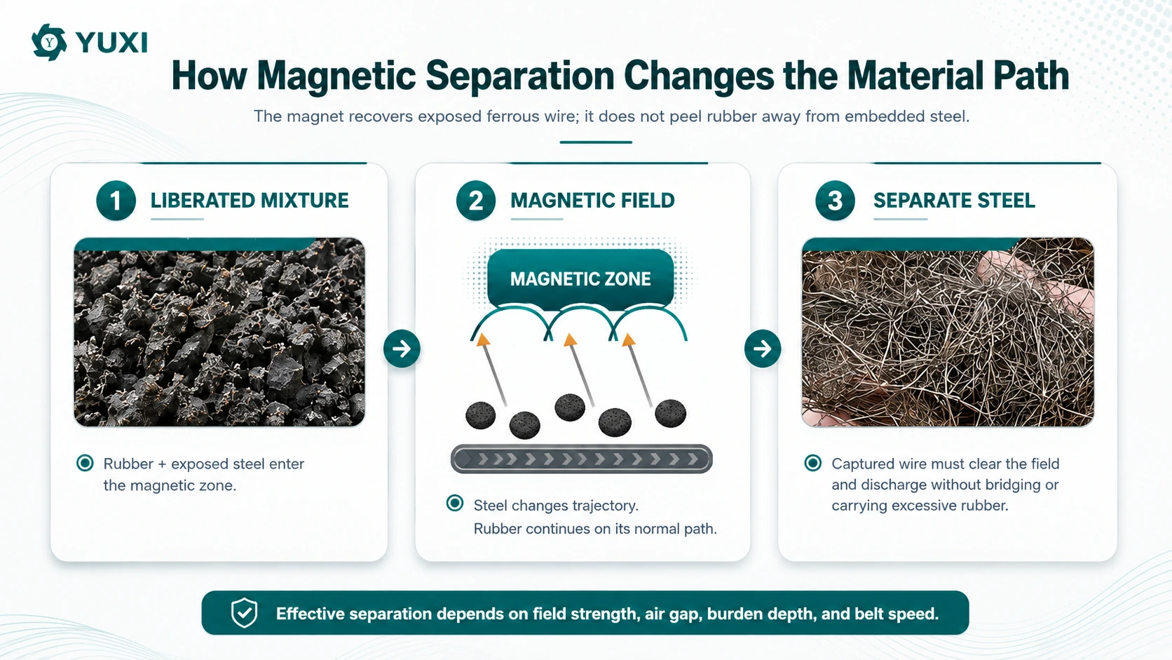 Tire recycling magnetic separation showing liberated steel wire following a different path from rubber