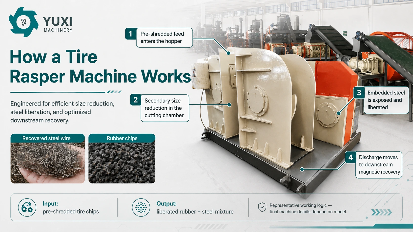 Simplified tire rasper working principle with pre-shredded feed, rotor and knives, screen and liberated rubber steel discharge