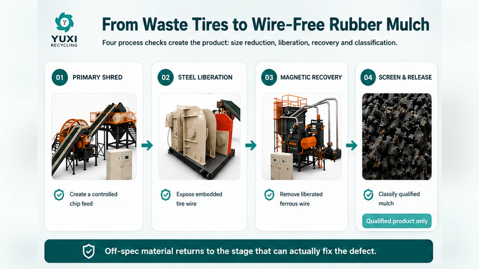 Industrial wire-free rubber mulch production process from waste tire shredding to steel liberation, magnetic recovery and screening